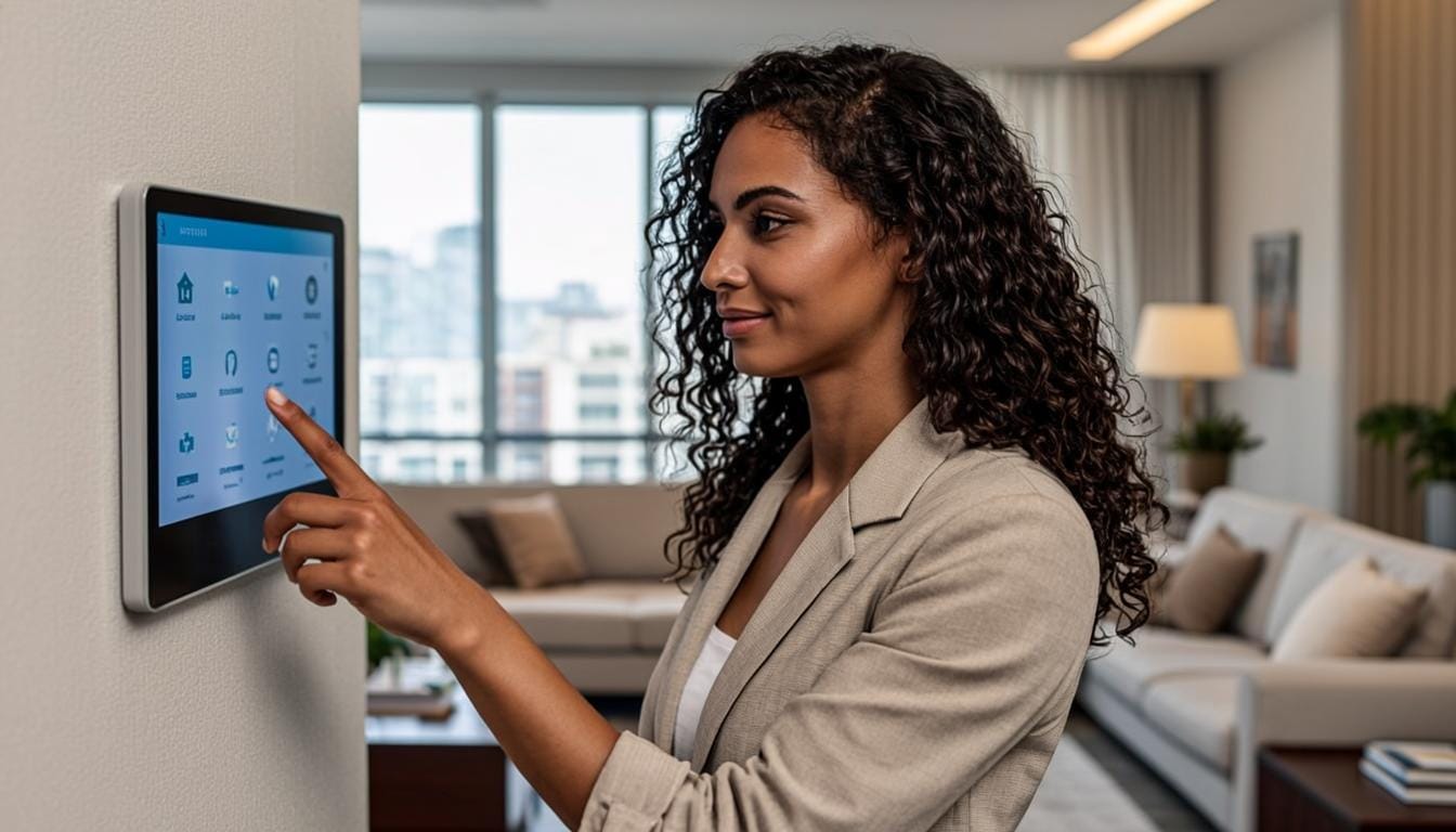 Mulher elegante controlando casa inteligente por painel de automação na parede com assistente virtual Alexa e Google Home em residência moderna paulistana - Automação Residencial SP
