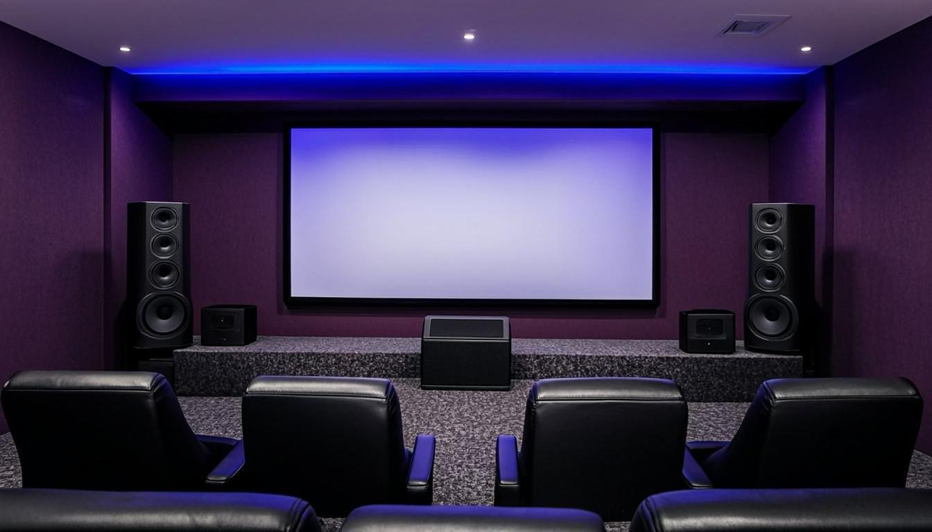 Sala de home theater cinema com projetor 4K e som surround em residência de alto padrão em São Paulo - Automação Residencial SP