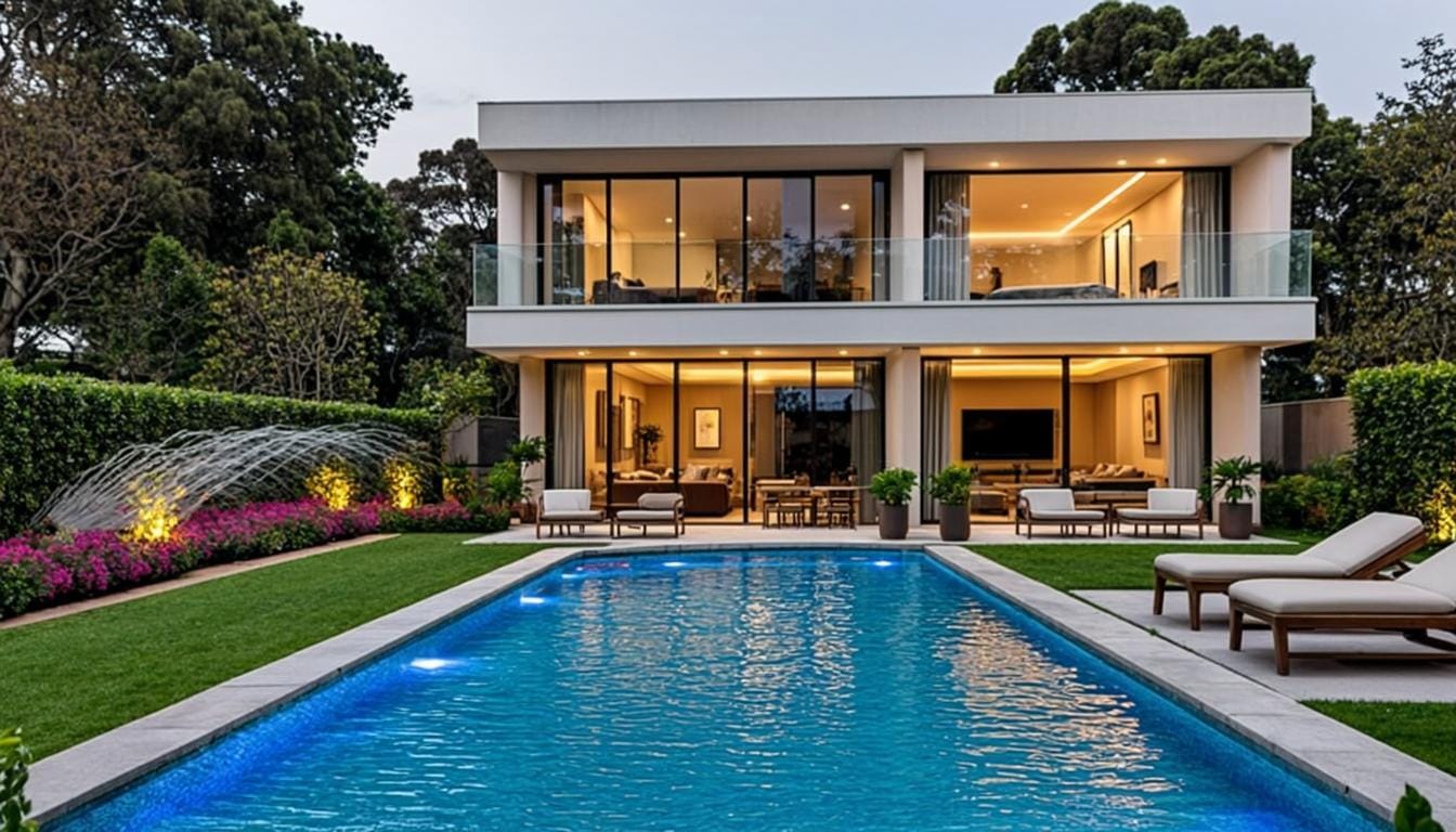 Sistema de automação de piscina e jardim com irrigação inteligente e iluminação paisagística em residência de São Paulo - Automação Residencial SP