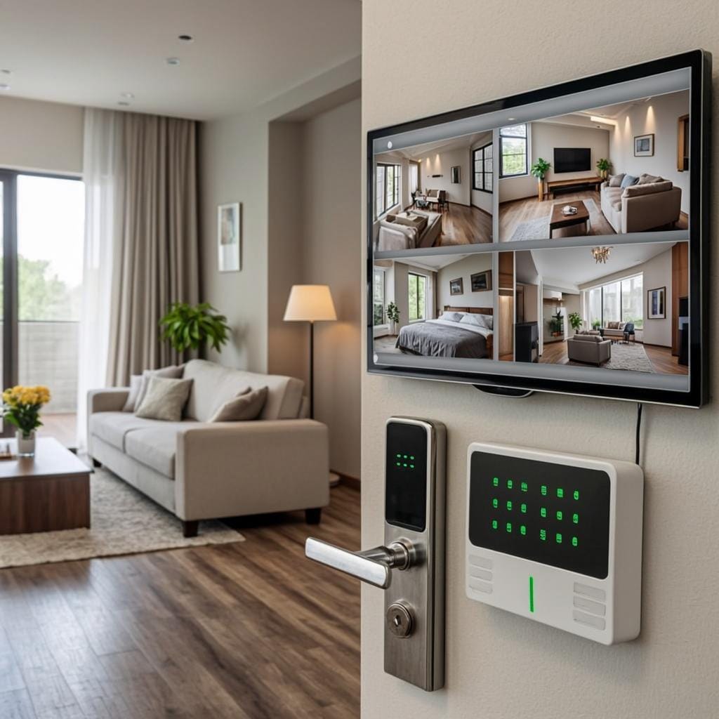 Sistema de segurança residencial inteligente com câmeras de vigilância, fechadura biométrica e monitoramento 24h em casa de alto padrão em São Paulo - Automação Residencial SP