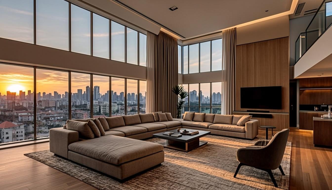 Casa inteligente com automação residencial em São Paulo - Sala de estar moderna com iluminação automatizada, controle por voz e painel inteligente integrado